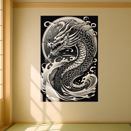 龍 海 波 鱗 神話 タペストリー 和柄 和風 大きい 男気 日本画風 入れ墨風 アウトロー 縦型 縦配信 大自然 インテリア 撮影背景 壁掛け 大判 長方形 壁布 白 黒 グレー