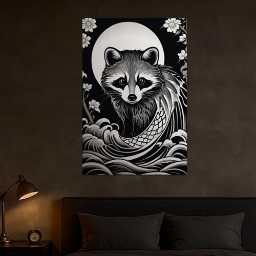 アライグマ 月 花 波 幸運 タペストリー 和柄 和風 大きい 男気 日本画風 入れ墨風 アウトロー 縦型 縦配信 大自然 インテリア 撮影背景 壁掛け 大判 長方形 壁布 黒 白 グレー