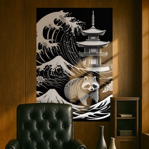 波 塔 アライグマ 自然 日本 タペストリー 和柄 和風 大きい 男気 日本画風 入れ墨風 アウトロー 縦型 縦配信 大自然 インテリア 撮影背景 壁掛け 大判 長方形 壁布 黒 白 グレー