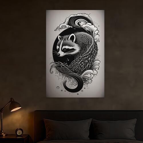 アライグマ 動物 モノクロ 波 渦 タペストリー 和柄 和風 大きい 男気 日本画風 入れ墨風 アウトロー 縦型 縦配信 大自然 インテリア 撮影背景 壁掛け 大判 長方形 壁布 黒 白 グレー