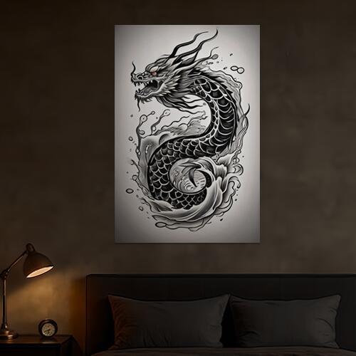 龍 水 鱗 墨絵 伝説 タペストリー 和柄 和風 大きい 男気 日本画風 入れ墨風 アウトロー 縦型 縦配信 大自然 インテリア 撮影背景 壁掛け 大判 長方形 壁布 黒 白 グレー