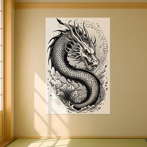龍 水 鱗 神話 幸運 タペストリー 和柄 和風 大きい 男気 日本画風 入れ墨風 アウトロー 縦型 縦配信 大自然 インテリア 撮影背景 壁掛け 大判 長方形 壁布 白 黒 グレー