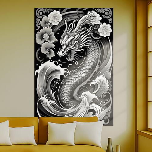 龍 波 花 鱗 昇り龍 タペストリー 和柄 和風 大きい 男気 日本画風 入れ墨風 アウトロー 縦型 縦配信 大自然 インテリア 撮影背景 壁掛け 大判 長方形 壁布 黒 白 グレー