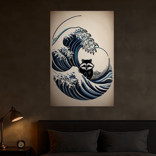 波 浮世絵 アライグマ 海 自然 タペストリー 和柄 和風 大きい 男気 日本画風 入れ墨風 アウトロー 縦型 縦配信 大自然 インテリア 撮影背景 壁掛け 大判 長方形 壁布 紺 黒 白