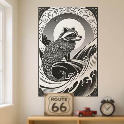 アライグマ 月 波 海 知恵 タペストリー 和柄 和風 大きい 男気 日本画風 入れ墨風 アウトロー 縦型 縦配信 大自然 インテリア 撮影背景 壁掛け 大判 長方形 壁布 黒 白 グレー