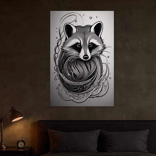 アライグマ 動物 水 モノクロ イラスト タペストリー 和柄 和風 大きい 男気 日本画風 入れ墨風 アウトロー 縦型 縦配信 大自然 インテリア 撮影背景 壁掛け 大判 長方形 壁布 白 黒 グレー