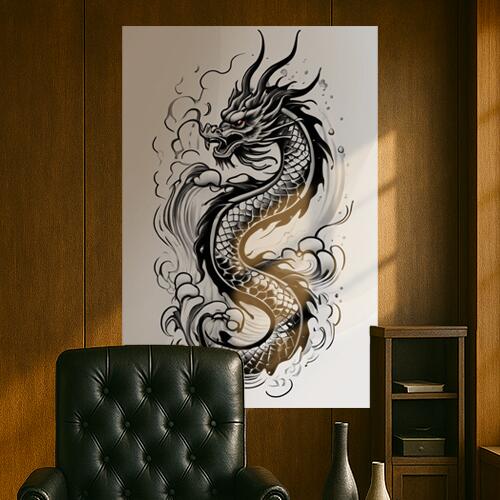 龍 竜 東洋 神話 伝説 タペストリー 和柄 和風 大きい 男気 日本画風 入れ墨風 アウトロー 縦型 縦配信 大自然 インテリア 撮影背景 壁掛け 大判 長方形 壁布 黒 白 グレー
