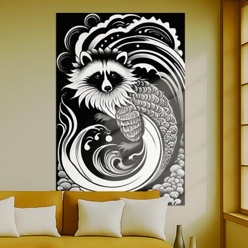 アライグマ 動物 モノクロ 波 渦巻き タペストリー 和柄 和風 大きい 男気 日本画風 入れ墨風 アウトロー 縦型 縦配信 大自然 インテリア 撮影背景 壁掛け 大判 長方形 壁布 黒 白 グレー