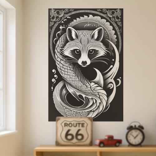 アライグマ 魚 鱗 タトゥー モノクロ タペストリー 和柄 和風 大きい 男気 日本画風 入れ墨風 アウトロー 縦型 縦配信 大自然 インテリア 撮影背景 壁掛け 大判 長方形 壁布 黒 白 グレー