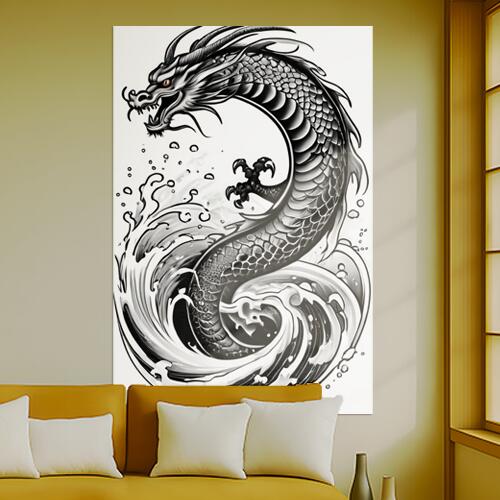 龍 水 波 鱗 爪 タペストリー 和柄 和風 大きい 男気 日本画風 入れ墨風 アウトロー 縦型 縦配信 大自..