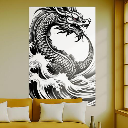 龍 波 海 鱗 伝説 タペストリー 和柄 和風 大きい 男気 日本画風 入れ墨風 アウトロー 縦型 縦配信 大自然 インテリア 撮影背景 壁掛け 大判 長方形 壁布 黒 白 グレー