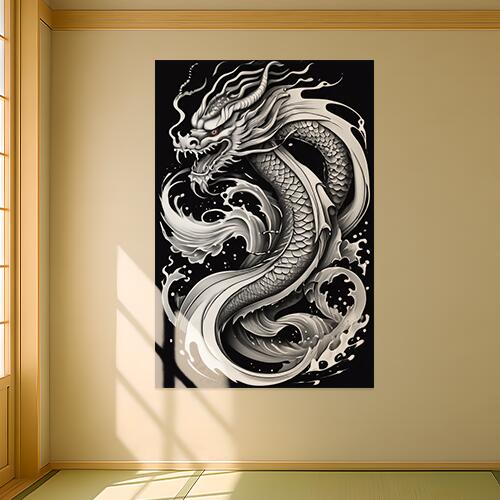 龍 水 波 鱗 神話 タペストリー 和柄 和風 大きい 男気 日本画風 入れ墨風 アウトロー 縦型 縦配信 大自然 インテリア 撮影背景 壁掛け 大判 長方形 壁布 白 黒 グレー