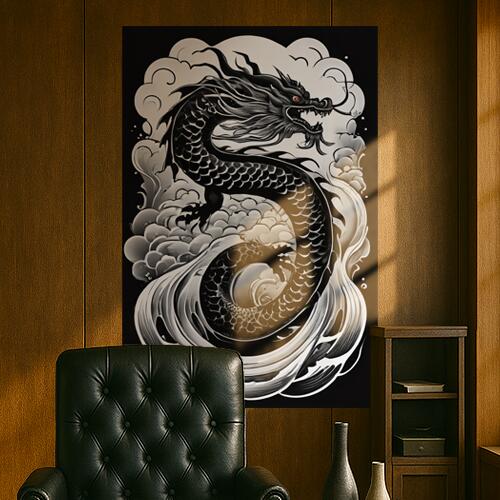 龍 竜 水 雲 神話 タペストリー 和柄 和風 大きい 男気 日本画風 入れ墨風 アウトロー 縦型 縦配信 大自然 インテリア 撮影背景 壁掛け 大判 長方形 壁布 黒 白 グレー