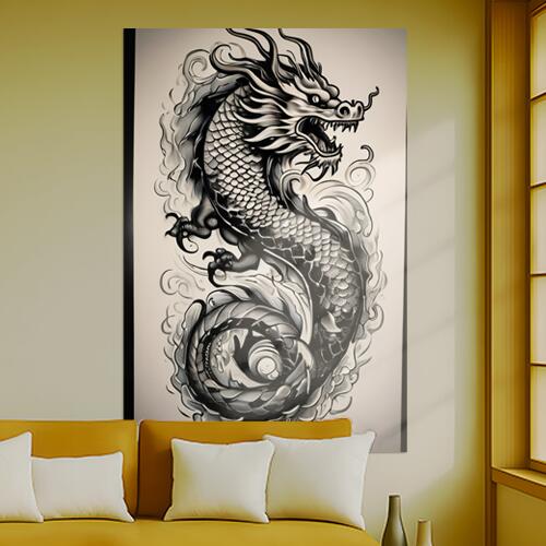 龍 東洋 神話 伝説 墨絵 タペストリー 和柄 和風 大きい 男気 日本画風 入れ墨風 アウトロー 縦型 縦配信 大自然 インテリア 撮影背景 壁掛け 大判 長方形 壁布 黒 白 グレー