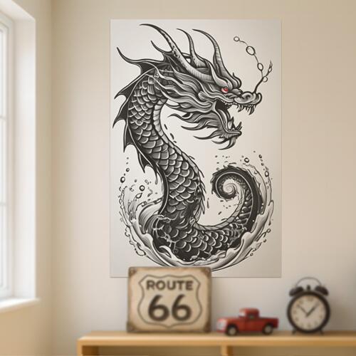 龍 水 海 鱗 神話 タペストリー 和柄 和風 大きい 男気 日本画風 入れ墨風 アウトロー 縦型 縦配信 大自然 インテリア 撮影背景 壁掛け 大判 長方形 壁布 黒 白 グレー