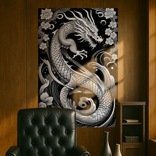 龍 花 鱗 渦 幸運 タペストリー 和柄 和風 大きい 男気 日本画風 入れ墨風 アウトロー 縦型 縦配信 大自然 インテリア 撮影背景 壁掛け 大判 長方形 壁布 白 黒 グレー
