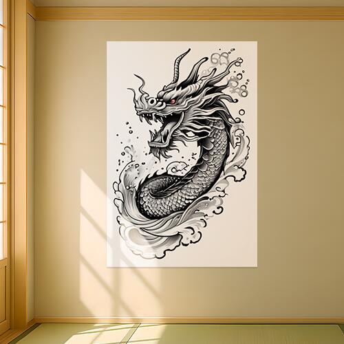 龍 水 波 鱗 伝説 タペストリー 和柄 和風 大きい 男気 日本画風 入れ墨風 アウトロー 縦型 縦配信 大自然 インテリア 撮影背景 壁掛け 大判 長方形 壁布 白 黒 グレー