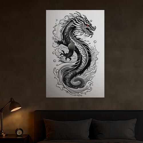 龍 水 鱗 伝説 東洋 タペストリー 和柄 和風 大きい 男気 日本画風 入れ墨風 アウトロー 縦型 縦配信 大自然 インテリア 撮影背景 壁掛け 大判 長方形 壁布 黒 白 グレー