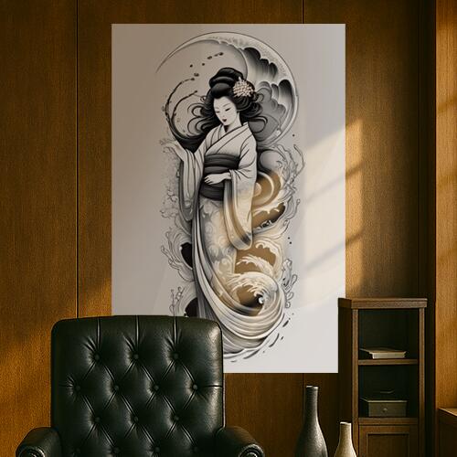 芸者 着物 波 月 日本美術 タペストリー 和柄 和風 大きい 男気 日本画風 入れ墨風 アウトロー 縦型 縦配信 大自然 インテリア 撮影背景 壁掛け 大判 長方形 壁布 白 黒 グレー