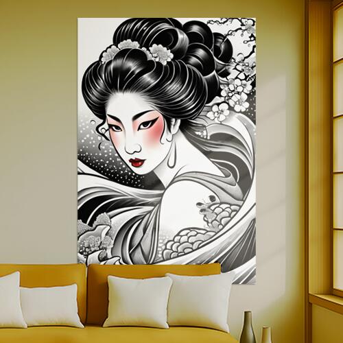 芸者 日本美術 着物 桜 伝統 タペストリー 和柄 和風 大きい 男気 日本画風 入れ墨風 アウトロー 縦型 縦配信 大自然 インテリア 撮影背景 壁掛け 大判 長方形 壁布 白 黒 赤
