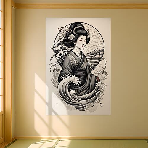 芸者 波 着物 日本画 浮世絵 タペストリー 和柄 和風 大きい 男気 日本画風 入れ墨風 アウトロー 縦型 縦配信 大自然 インテリア 撮影背景 壁掛け 大判 長方形 壁布 白 黒 グレー