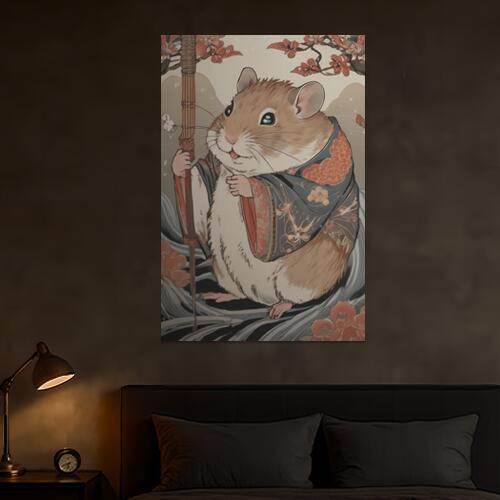 ネズミ 着物 杖 花 波 タペストリー 和柄 和風 大きい 男気 日本画風 入れ墨風 アウトロー 縦型 縦配信 大自然 インテリア 撮影背景 壁掛け 大判 長方形 壁布 ベージュ グレー 赤