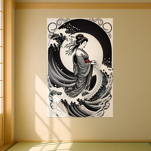 芸者 波 月 着物 日本美術 タペストリー 和柄 和風 大きい 男気 日本画風 入れ墨風 アウトロー 縦型 縦配信 大自然 インテリア 撮影背景 壁掛け 大判 長方形 壁布 白 黒 グレー