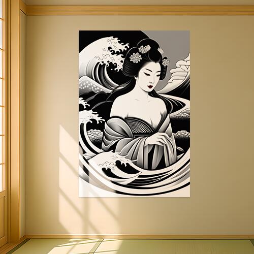 芸者 波 着物 日本画 美人 タペストリー 和柄 和風 大きい 男気 日本画風 入れ墨風 アウトロー 縦型 縦配信 大自然 インテリア 撮影背景 壁掛け 大判 長方形 壁布 白 黒 赤