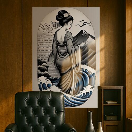 芸者 着物 波 富士山 日本画 タペストリー 和柄 和風 大きい 男気 日本画風 入れ墨風 アウトロー 縦型 縦配信 大自然 インテリア 撮影背景 壁掛け 大判 長方形 壁布 白 黒 グレー