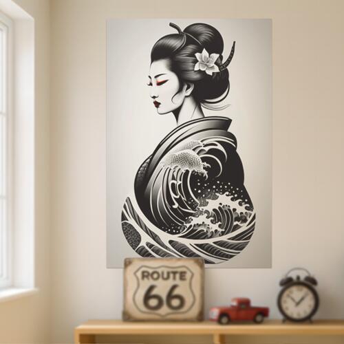 芸者 着物 波 日本美術 花 タペストリー 和柄 和風 大きい 男気 日本画風 入れ墨風 アウトロー 縦型 縦配信 大自然 インテリア 撮影背景 壁掛け 大判 長方形 壁布 黒 白 赤