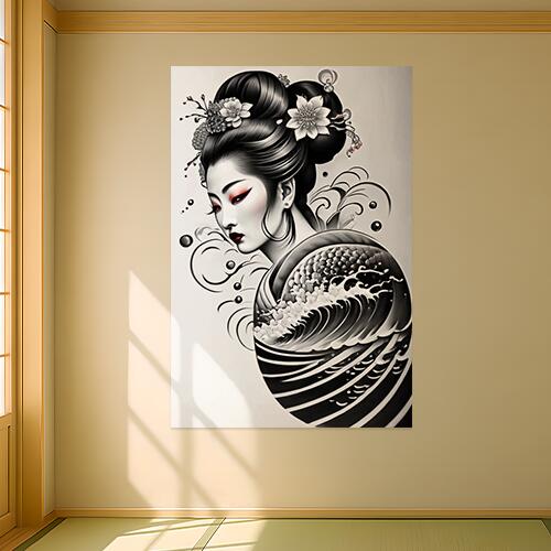 芸者 波 着物 花 日本美術 タペストリー 和柄 和風 大きい 男気 日本画風 入れ墨風 アウトロー 縦型 縦配信 大自然 インテリア 撮影背景 壁掛け 大判 長方形 壁布 白 黒 赤