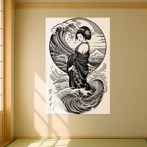 芸者 波 着物 日本画 浮世絵 タペストリー 和柄 和風 大きい 男気 日本画風 入れ墨風 アウトロー 縦型 縦配信 大自然 インテリア 撮影背景 壁掛け 大判 長方形 壁布 黒 白 グレー