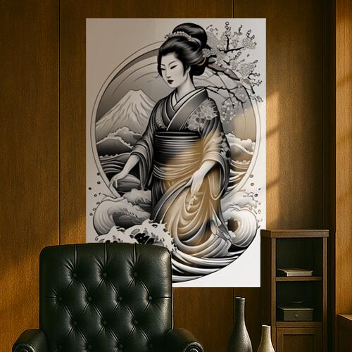 芸者 着物 波 富士山 桜 タペストリー 和柄 和風 大きい 男気 日本画風 入れ墨風 アウトロー 縦型 縦配信 大自然 インテリア 撮影背景 壁掛け 大判 長方形 壁布 白 黒 グレー