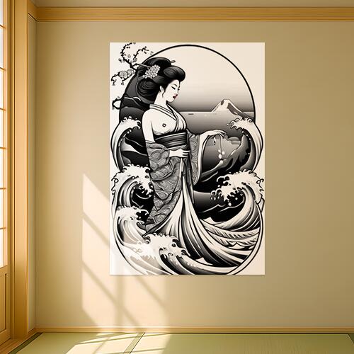 芸者 波 富士山 着物 日本美術 タペストリー 和柄 和風 大きい 男気 日本画風 入れ墨風 アウトロー 縦型 縦配信 大自然 インテリア 撮影背景 壁掛け 大判 長方形 壁布 白 黒 グレー
