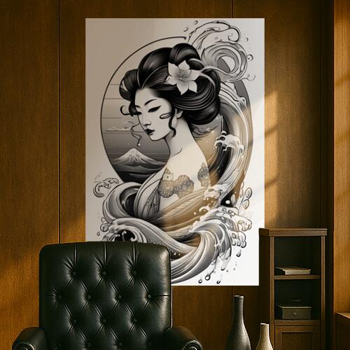 芸者 波 富士山 花 タトゥー タペストリー 和柄 和風 大きい 男気 日本画風 入れ墨風 アウトロー 縦型 縦配信 大自然 インテリア 撮影背景 壁掛け 大判 長方形 壁布 黒 白 グレー