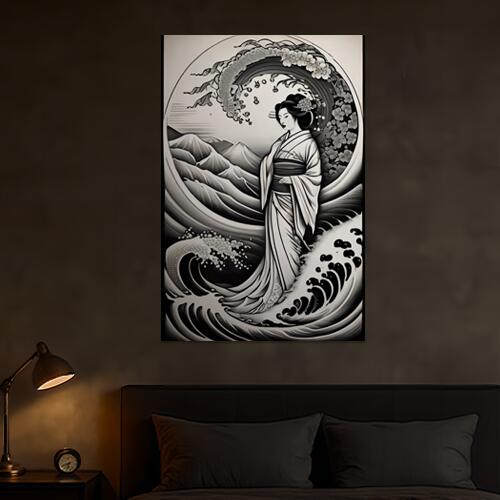 芸者 波 山 着物 桜 タペストリー 和柄 和風 大きい 男気 日本画風 入れ墨風 アウトロー 縦型 縦配信 大自然 インテリア 撮影背景 壁掛け 大判 長方形 壁布 白 黒 グレー