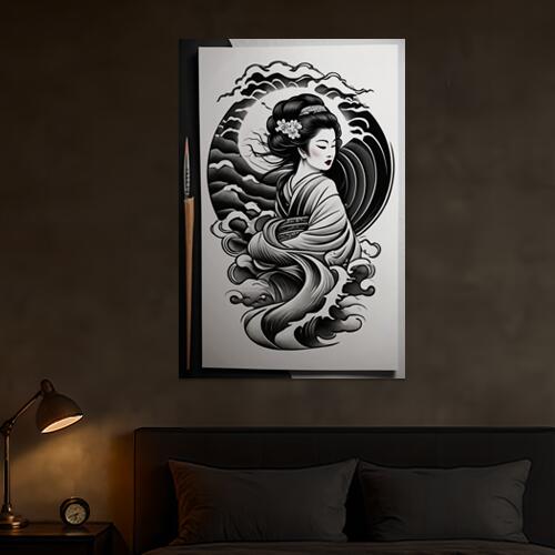 芸者 波 着物 墨絵 日本画 タペストリー 和柄 和風 大きい 男気 日本画風 入れ墨風 アウトロー 縦型 縦配信 大自然 インテリア 撮影背景 壁掛け 大判 長方形 壁布 白 黒 赤