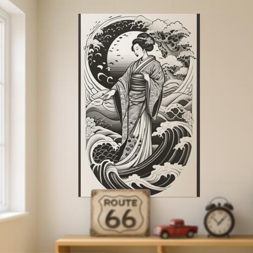 芸者 着物 波 月 日本画 タペストリー 和柄 和風 大きい 男気 日本画風 入れ墨風 アウトロー 縦型 縦配信 大自然 インテリア 撮影背景 壁掛け 大判 長方形 壁布 黒 白 グレー