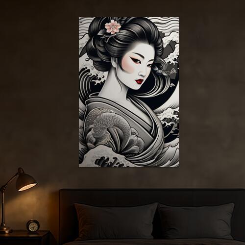 芸者 着物 日本画 波 桜 タペストリー 和柄 和風 大きい 男気 日本画風 入れ墨風 アウトロー 縦型 縦配信 大自然 インテリア 撮影背景 壁掛け 大判 長方形 壁布 白 黒 赤
