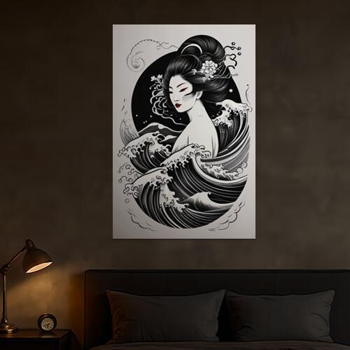 芸者 波 海 月 美人画 タペストリー 和柄 和風 大きい 男気 日本画風 入れ墨風 アウトロー 縦型 縦配信 大自然 インテリア 撮影背景 壁掛け 大判 長方形 壁布 黒 白 グレー