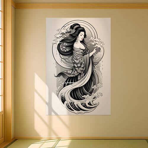 芸者 着物 波 桜 日本美術 タペストリー 和柄 和風 大きい 男気 日本画風 入れ墨風 アウトロー 縦型 縦配信 大自然 インテリア 撮影背景 壁掛け 大判 長方形 壁布 黒 白 グレー