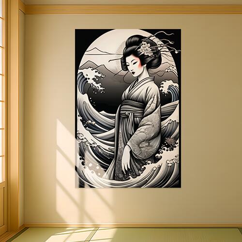 芸者 波 着物 月 日本画 タペストリー 和柄 和風 大きい 男気 日本画風 入れ墨風 アウトロー 縦型 縦配信 大自然 インテリア 撮影背景 壁掛け 大判 長方形 壁布 白 黒 グレー