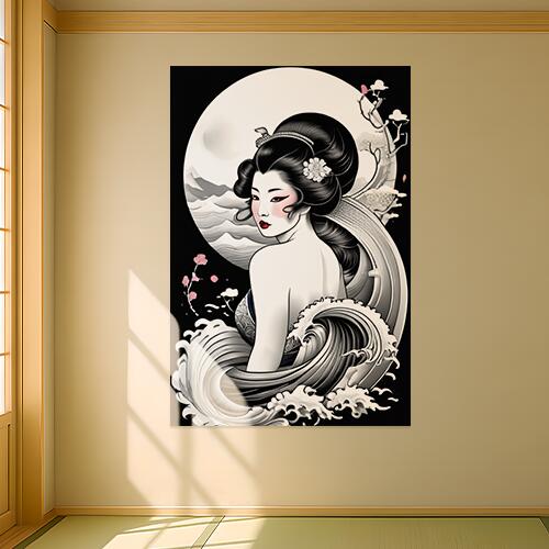 芸者 波 月 桜 日本画 タペストリー 和柄 和風 大きい 男気 日本画風 入れ墨風 アウトロー 縦型 縦配信 大自然 インテリア 撮影背景 壁掛け 大判 長方形 壁布 黒 白 グレー