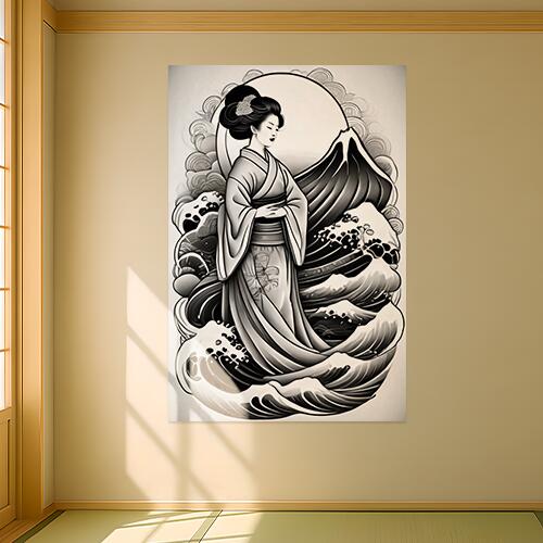 芸者 着物 波 富士山 月 タペストリー 和柄 和風 大きい 男気 日本画風 入れ墨風 アウトロー 縦型 縦配信 大自然 インテリア 撮影背景 壁掛け 大判 長方形 壁布 白 黒 グレー