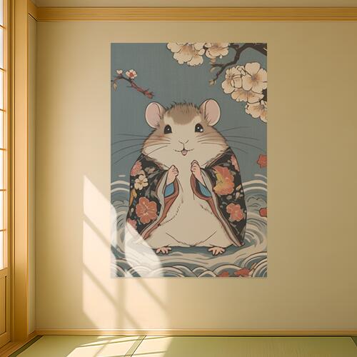 ネズミ 着物 花 波 幸運 タペストリー 和柄 和風 大きい 男気 日本画風 入れ墨風 アウトロー 縦型 縦配信 大自然 インテリア 撮影背景 壁掛け 大判 長方形 壁布 白 ベージュ ピンク