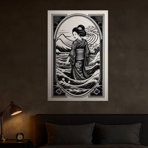 着物 女性 日本画 波 桜 タペストリー 和柄 和風 大きい 男気 日本画風 入れ墨風 アウトロー 縦型 縦配信 大自然 インテリア 撮影背景 壁掛け 大判 長方形 壁布 黒 白 グレー