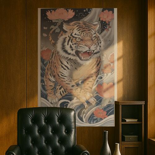 虎 花 波 月 宇宙 タペストリー 和柄 和風 大きい 男気 日本画風 入れ墨風 アウトロー 縦型 縦配信 大自然 インテリア 撮影背景 壁掛け 大判 長方形 壁布 オレンジ ベージュ 黒