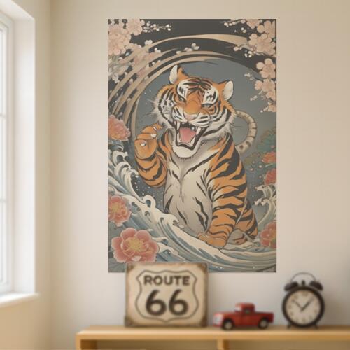 虎 波 花 桜 幸運 タペストリー 和柄 和風 大きい 男気 日本画風 入れ墨風 アウトロー 縦型 縦配信 大..