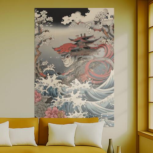 波 桜 鬼 寺 牡丹 タペストリー 和柄 和風 大きい 男気 日本画風 入れ墨風 アウトロー 縦型 縦配信 大自然 インテリア 撮影背景 壁掛け 大判 長方形 壁布 白 グレー 赤