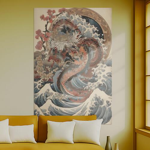 龍 波 菊 桜 円相 タペストリー 和柄 和風 大きい 男気 日本画風 入れ墨風 アウトロー 縦型 縦配信 大自然 インテリア 撮影背景 壁掛け 大判 長方形 壁布 赤 オレンジ ベージュ